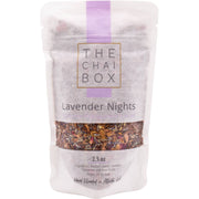 The Chai Box | Lavender Nights - Caffeine Free Rooibos Lavender Tea, 6.0oz pouch, featuring aromatic rooibos leaves, lavender, rose, and cardamom.
