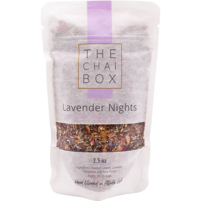 The Chai Box | Lavender Nights - Caffeine Free Rooibos Lavender Tea, 6.0oz pouch, featuring aromatic rooibos leaves, lavender, rose, and cardamom.