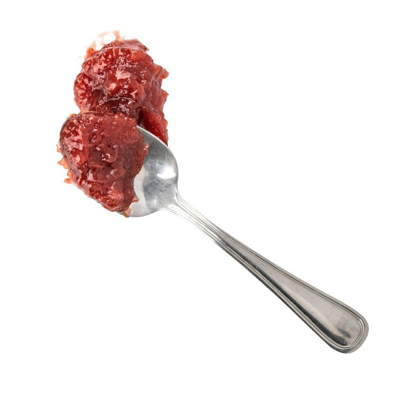 Beth's Farm Kitchen - Strawberry Rhubarb Jam - Low Sugar, shown in a spoon, highlighting its chunky texture, perfect for enhancing toast or cheese pairings.