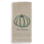 French Graffiti - Blue Pumpkin: Natural Guest Towel featuring a watercolor-style teal pumpkin and Give Thanks text, ideal for autumn kitchen decor.