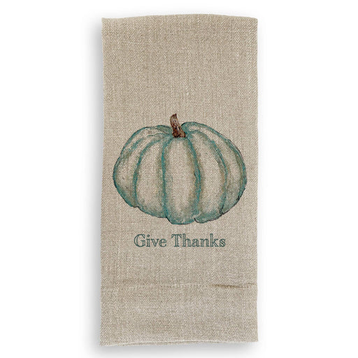 French Graffiti - Blue Pumpkin: Natural Guest Towel featuring a watercolor-style teal pumpkin and Give Thanks text, ideal for autumn kitchen decor.