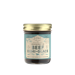 FOND Beef Demi-Glace in glass jar with gold lid, featuring a label highlighting regenerative grass-fed beef, organic aromatics, perfect for enhancing culinary creations.