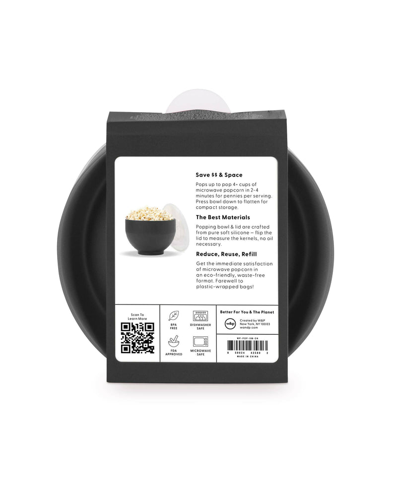 W&P | Silicone Reuseable Popcorn Popper - Charcoal - Standard; collapsible microwave-safe silicone popper for 9 cups of popcorn, featuring a lid that doubles as a measuring cup.