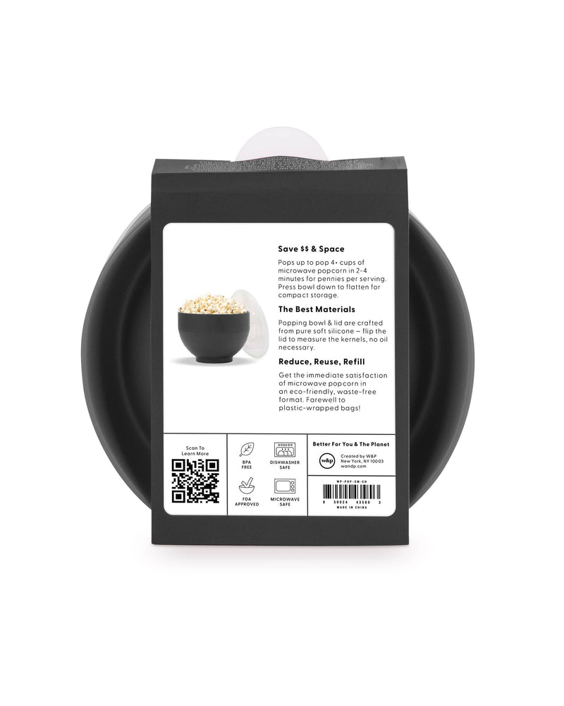 W&P Standard Size Popcorn Popper, black silicone container with popcorn, label, and QR code, ideal for microwave use, collapsible for easy storage.