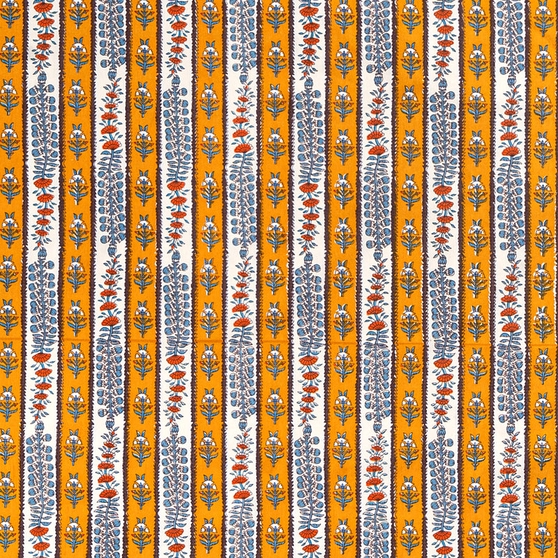 Couleur Nature - Provence Avignon Dijon & Blue Tablecloth: 71 x 106, features mustard-yellow and off-white bands with stacked floral motifs, hand-printed for a French pastoral elegance.