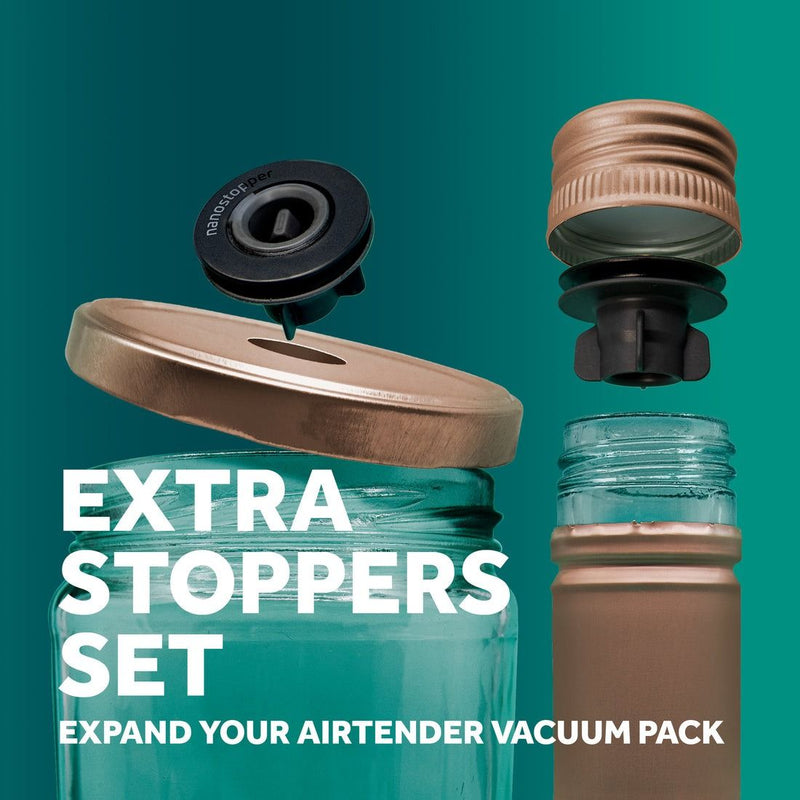 Airtender Extra Stoppers Set of 12 for jars and bottles, featuring glass jars with lids, perfect for expanding your Airtender vacuum set.