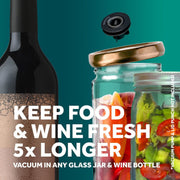 Airtender Extra Stoppers Set of 12, featuring a wine bottle and jar, ideal for preserving with Airtender or vacuum hand pump.