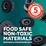 Airtender Extra Stoppers Set of 12 for jars and bottles, compatible with Airtender devices, shown in eco-friendly packaging.