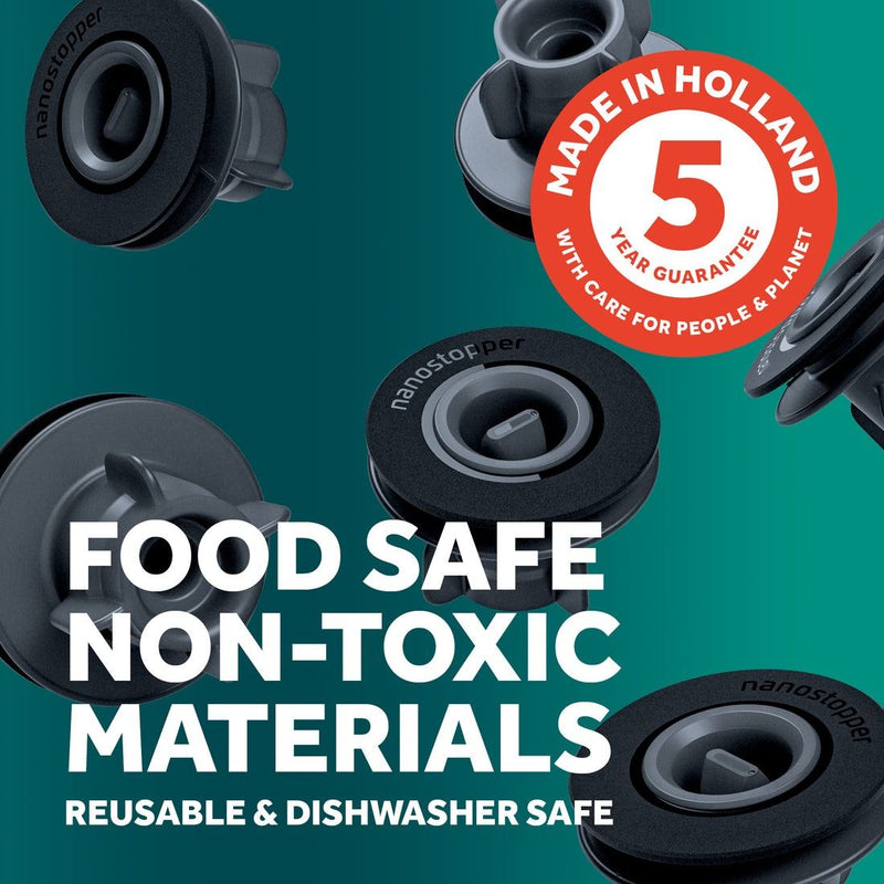 Airtender Extra Stoppers Set of 12 for jars and bottles, compatible with Airtender devices, shown in eco-friendly packaging.