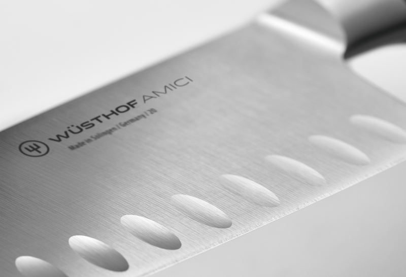 Wüsthof | Amici 7 Santoku knife close-up, showcasing the blade's precision, suitable for detailed culinary tasks from Athens Cooks' curated kitchen collection.