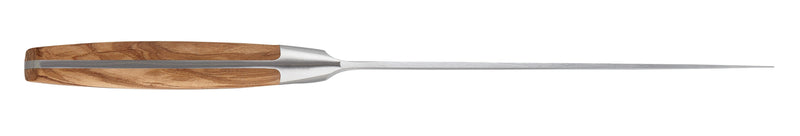 Wüsthof | Amici 9 Double Serrated Bread Knife, a long silver kitchen tool with a pointed tip, ideal for precise bread slicing.