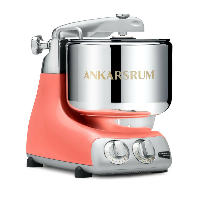 Ankarsrum | Stand Mixers in Store - Cloudy Pink: A countertop mixer with a polished stainless-steel bowl and two front control dials, perfect for versatile kitchen tasks.