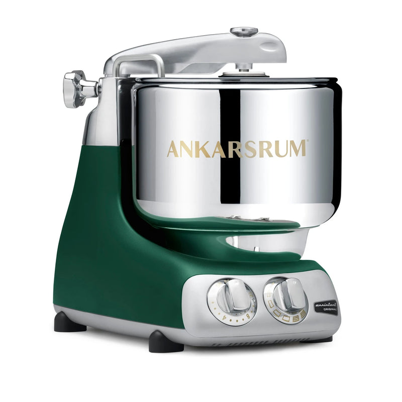 Ankarsrum | Stand Mixers: Heavy-duty deep green mixer with stainless bowl and twin dials, ideal for dough and baking tasks.