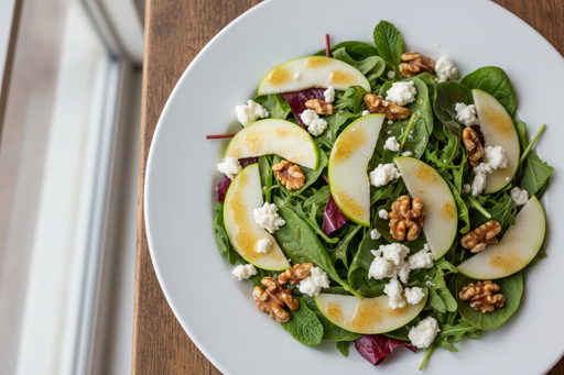 Sips & Salads: A Night of Greens, Grapes, and Great Company features a fresh apple and goat cheese salad on a white plate, showcasing mixed greens, walnuts, and vinaigrette.