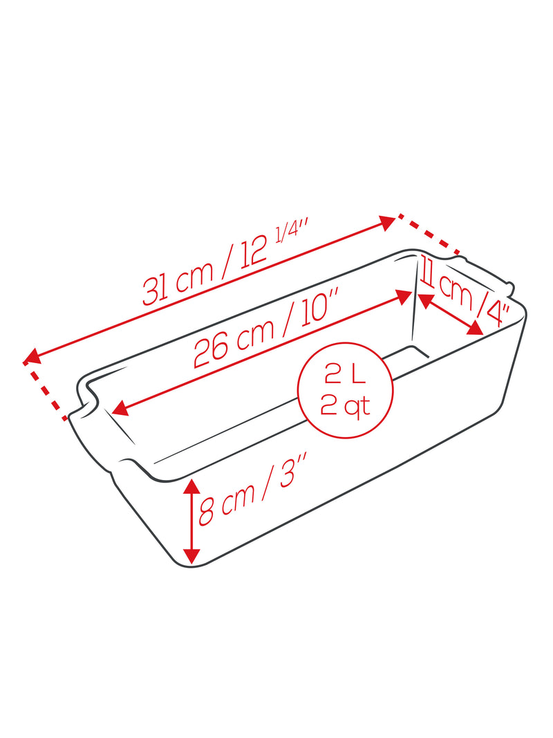 Peugeot | Appolia Loaf Pan, 2 L capacity, featuring dimensions for precise baking: 31 cm length, 11 cm width, 8 cm depth. Ideal for showcasing homemade breads.