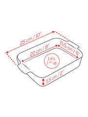 Peugeot | Appolia Rectangular Baking Dish, Blue: Line-drawing diagram showing dimensions and 1.4L capacity, highlighting even cooking, thermal resistance, and easy handling with wide handles.