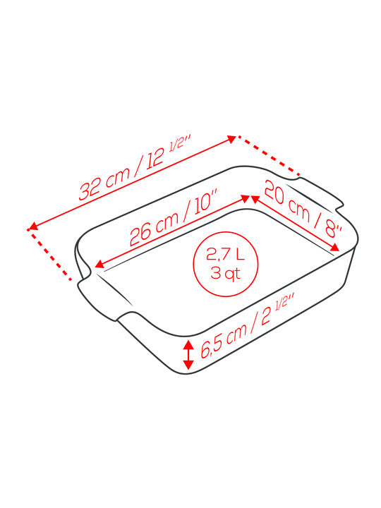 Peugeot | Appolia Rectangular Baking Dish, Ecru: Diagram showing dimensions—32 cm length, 20 cm width, 6.5 cm depth, 2.7 L capacity—for even cooking and easy cleaning.