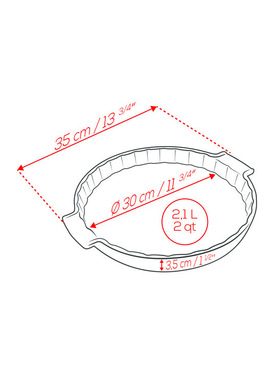 Peugeot | Appolia Tart Dish, Slate: Technical diagram showing a round, fluted-edge pie pan with 35 cm width, 30 cm diameter, 3.5 cm depth, and 2.1 L capacity.