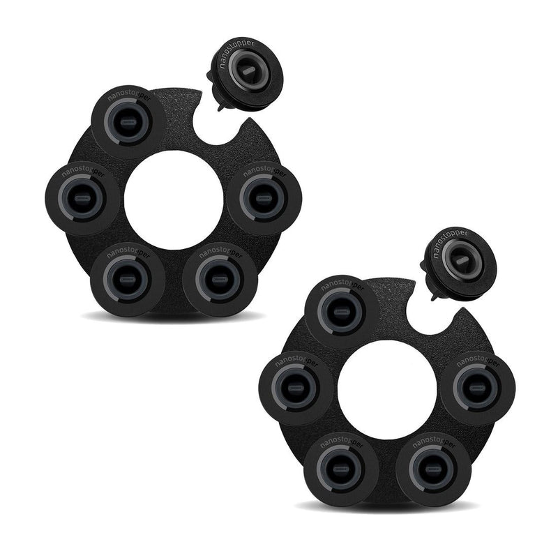 Airtender Extra Stoppers Set of 12 for jars and bottles, shown as black circular devices with central holes, ideal for vacuum sealing.