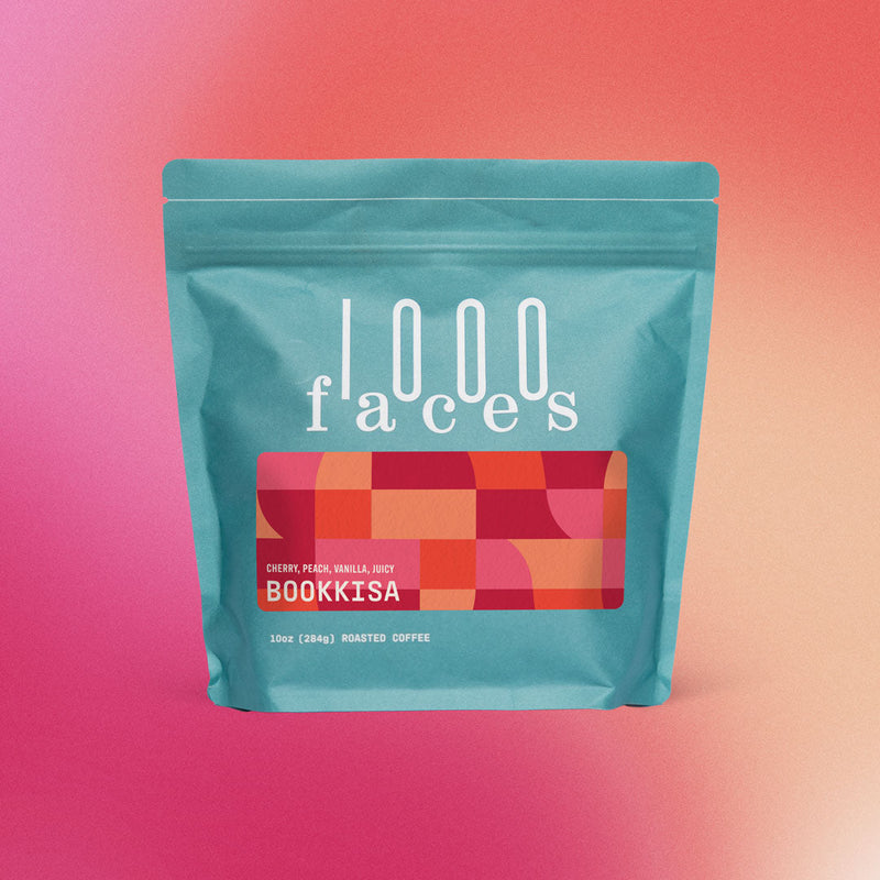 1000 Faces Coffee - Bookkisa: A blue bag with a unique design, representing a meticulously crafted coffee blend, perfect for mindful coffee enthusiasts.
