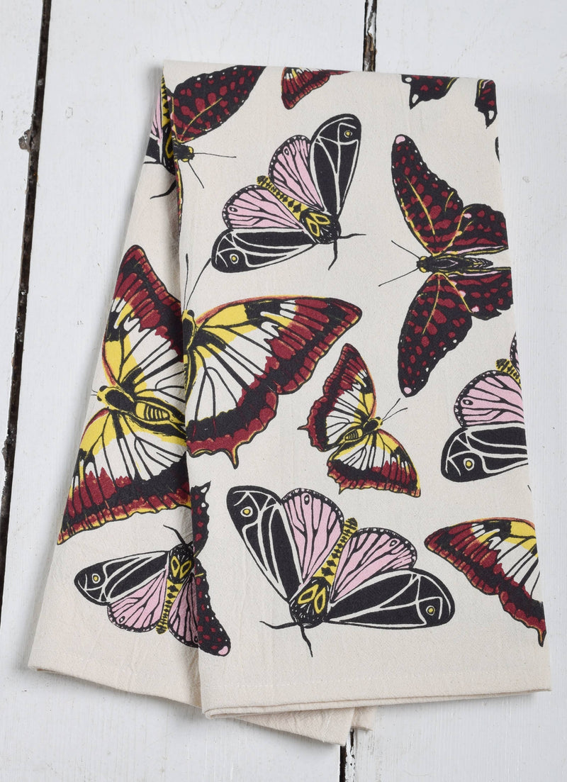 Hearth and Harrow - Butterfly Tea Towel, organic cotton, features stylized butterfly prints, ideal for a natural kitchen setting. Eco-friendly, washable, with a convenient hanging loop.