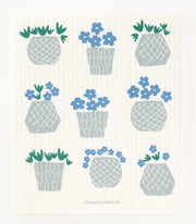 Three Bluebirds Swedish Dishcloths featuring flower pots design; eco-friendly, replaces paper towels, ideal for cleaning in kitchen settings like Athens Cooks.