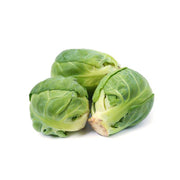 Three fresh Brussels sprouts, representing Bentley Seed Co.'s Heirloom Long Island Brussels Sprout seeds, perfect for gardens, cooking, and salads.