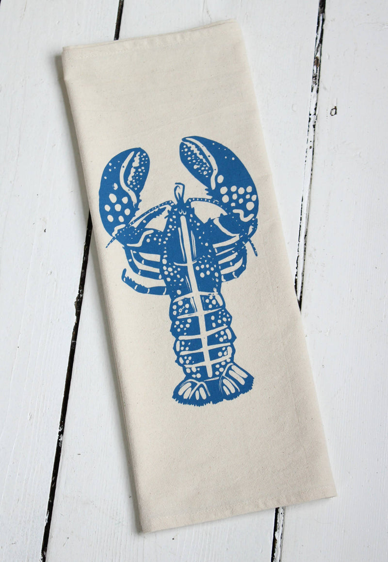 Hearth and Harrow - Lobster Tea Towel, organic cotton, features a blue-violet lobster print, hand-printed in Rockport, Maine. Ideal for kitchen use, eco-friendly.