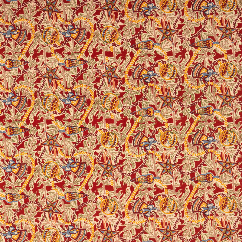 Couleur Nature - Noel Red & Green French Tablecloths: 71 x 71, featuring vintage-style Christmas motifs of baubles, bells, stars, and pine sprigs on finely crafted French linen.