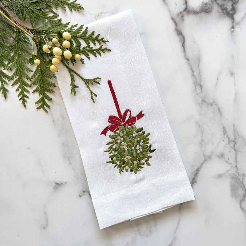 Arte Italica & Crown Linen Designs | Mistletoe Ball Towel, White (Green/Red)