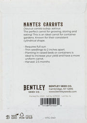 Bentley Seed Co. - Carrot-Nantes 1870 seed packet back, detailing growing tips for container gardens and company information. Ideal for home chefs seeking fresh produce.