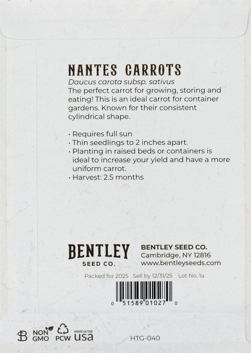 Bentley Seed Co. - Carrot-Nantes 1870 seed packet back, detailing growing tips for container gardens and company information. Ideal for home chefs seeking fresh produce.