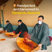 Three men in traditional Kashmiri attire sort saffron threads in woven trays. Caption highlights Handpicked in Pampore. Product: Diaspora Spices Co. - Kashmiri Saffron (Grade A Threads).
