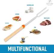 Zulay Kitchen's Extendable Marshmallow Roasting Sticks, a 4-pack, featuring stainless steel prongs and wooden handles, ideal for safe, enjoyable outdoor roasting.
