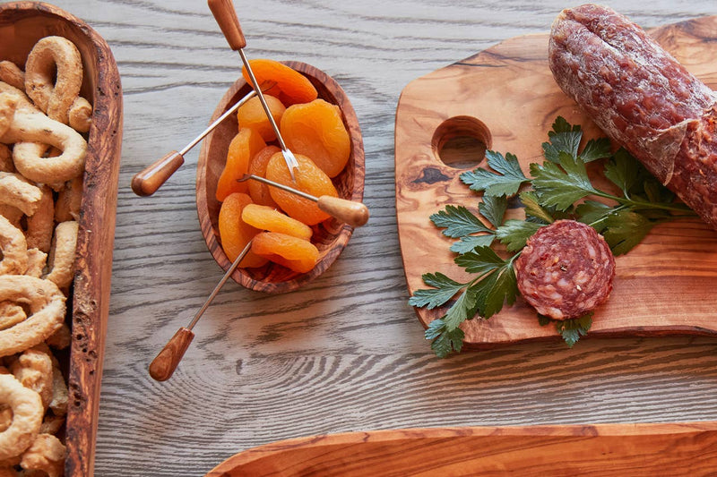 Verve Culture - Italian Olivewood Aperitivo Bowls, set of 4, displaying taralli, dried apricots, and salami with parsley garnish, embodying Italian craftsmanship and hospitality.