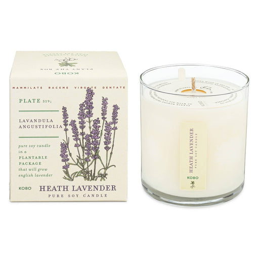 KOBO - Heath Lavender - Plant the Box Candle, 9oz. in a glass container, features a classic lavender scent with a decorative lavender-themed box.