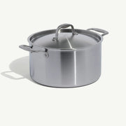 Made In | 8QT Stainless Steel Stock Pot with Lid featuring 5-ply construction, side and top handles, showcasing durability and efficient heat conductivity for Athens Cooks' kitchen needs.