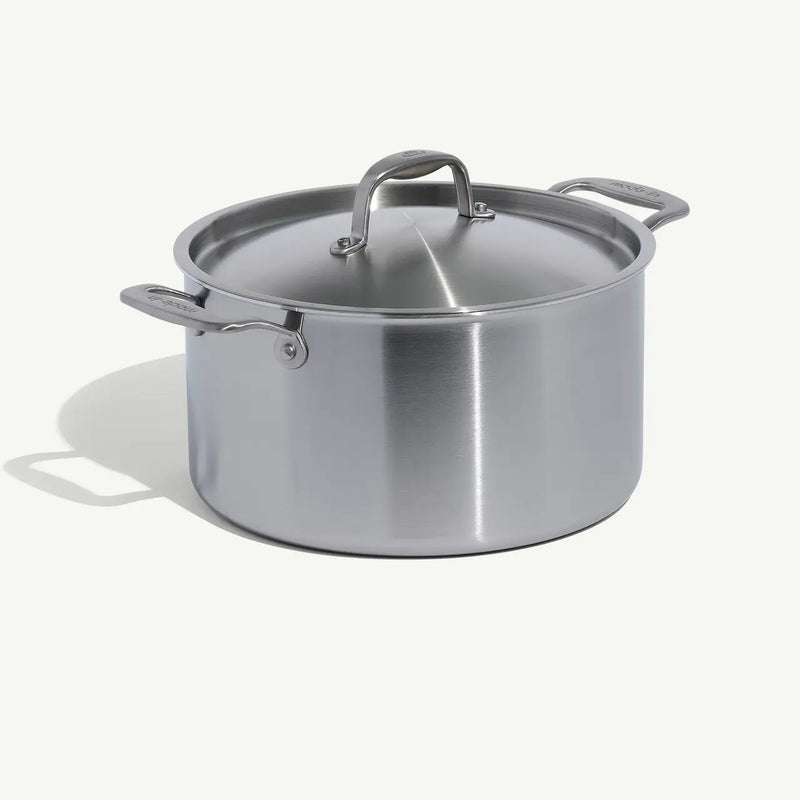 Made In | 8QT Stainless Steel Stock Pot with Lid featuring 5-ply construction, side and top handles, showcasing durability and efficient heat conductivity for Athens Cooks' kitchen needs.