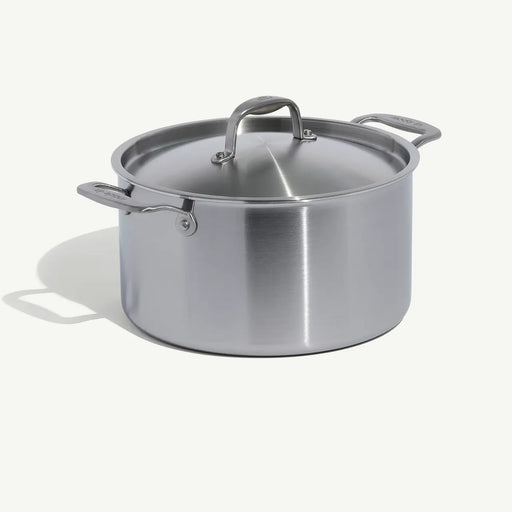 Made In | 8QT Stainless Steel Stock Pot with Lid featuring 5-ply construction, side and top handles, showcasing durability and efficient heat conductivity for Athens Cooks' kitchen needs.