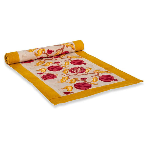Couleur Nature - Pomegranate Yellow/Red Table Runner: 16 x 90, featuring a mustard-yellow border and cream center with red and orange pomegranate motifs.