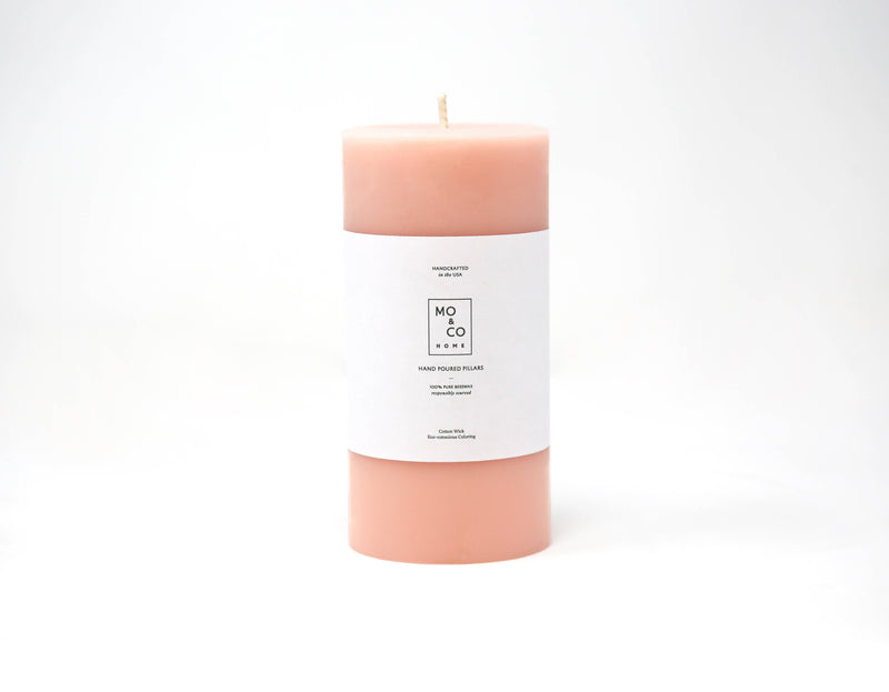 Mo&Co Home - 100% Beeswax Pillar Candles | Rose Pink: 3x6 Inch, featuring a pink candle with a white label, hand-poured for a clean burn.