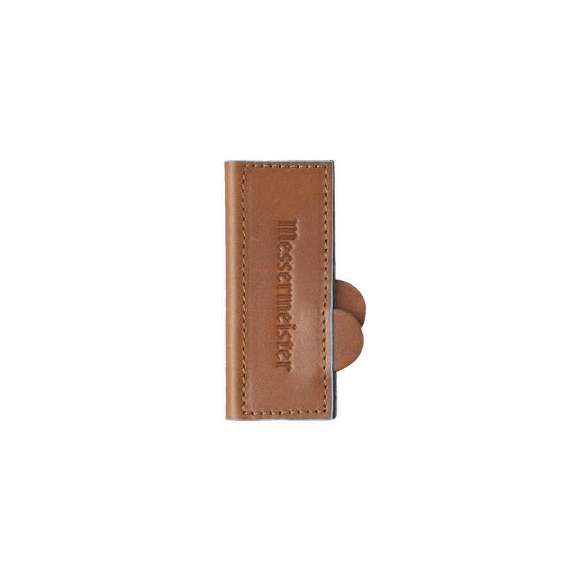 Messermeister Leather Magnetic Edge-Guard - 4: Brown leather knife sheath with messermeister embossing, designed to protect paring knives with a secure magnetic closure.
