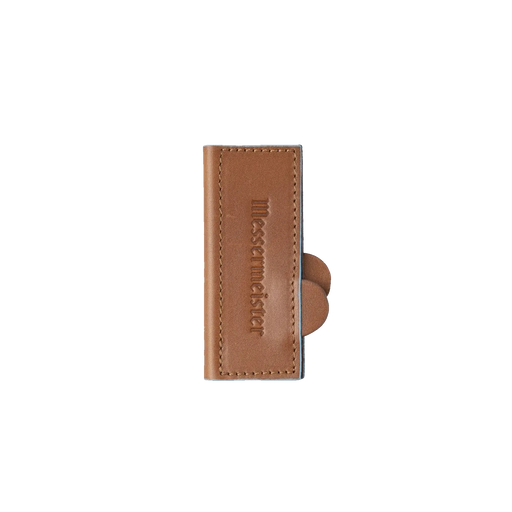 Messermeister Leather Magnetic Edge-Guard - 4: Brown leather knife sheath with messermeister embossing, designed to protect paring knives with a secure magnetic closure.
