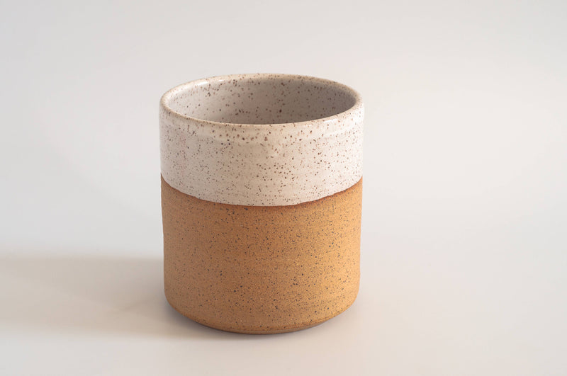 RachaelPots - Kitchen Utensil Holder: Sage, a handcrafted stoneware pot with speckled tan and white finish, perfect for organizing kitchen utensils.