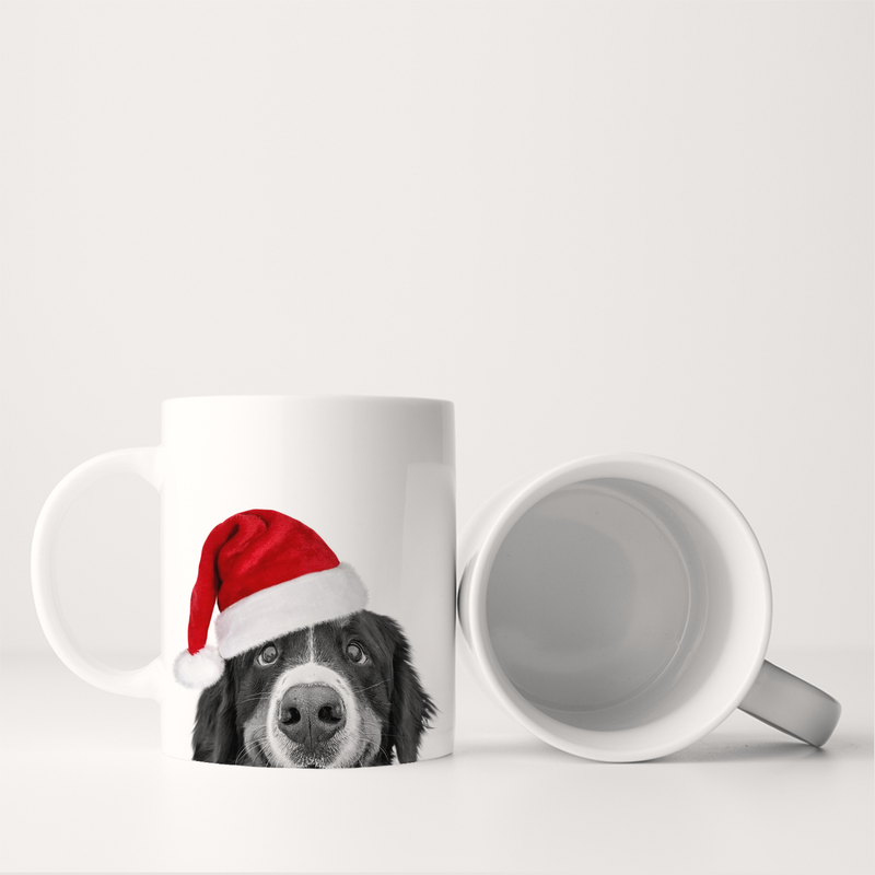Perkie Prints - Santa Hat Bernese Mt. Dog Mug: A charming white ceramic mug with a dog in a Santa hat design, perfect for festive kitchen moments.