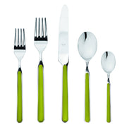Mepra SPA - Place Set 5 Pcs Fantasia: China, featuring silverware with green handles, includes durable stainless steel and resin utensils.