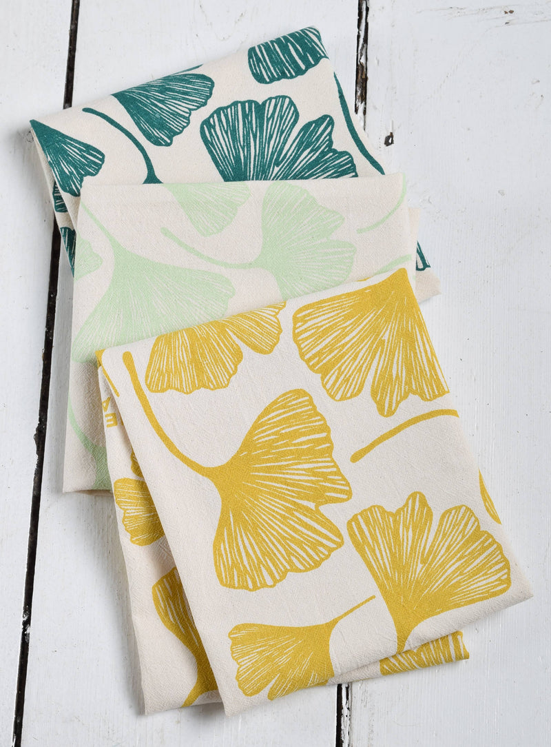 Hearth and Harrow - Ginkgo Leaf Tea Towel: Oversized, eco-friendly organic cotton towel with mustard ginkgo print. Perfect for stylish, sustainable kitchen use.