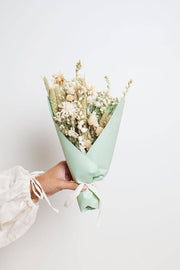 Idlewild Floral Co. - Sage Small Field Bouquet held in a hand, featuring creamy white and muted beige dried flowers in a mint-green paper cone with a white ribbon.
