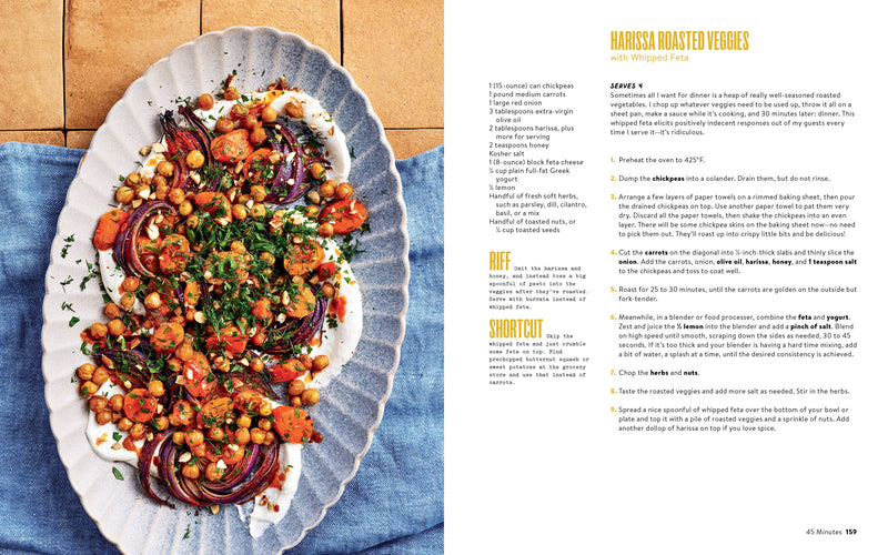 Plated harissa-spiced roasted vegetables with whipped feta, featured in Hachette Book Group - What to Cook When You Don't Feel Like Cooking cookbook spread.