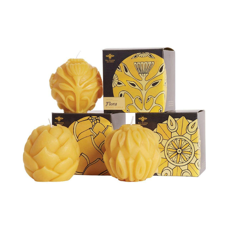 Big Dipper Wax Works | Beeswax Sphere Candle - Flora, intricately designed, showcased in a box, ideal for enriching kitchen and dining settings with a warm glow.
